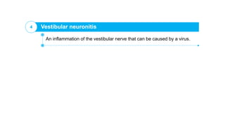 Vestibular neuronitis4
An inflammation of the vestibular nerve that can be caused by a virus.
 