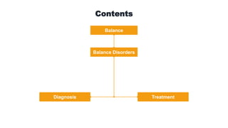 Balance
Contents
Balance Disorders
Diagnosis Treatment
 