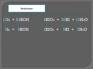Reducimos

12I2 + 24KOH
3I2 + 6KOH

4KIO3 + 20KI + 12H2O
1KIO3 +

5KI + 3H2O

 