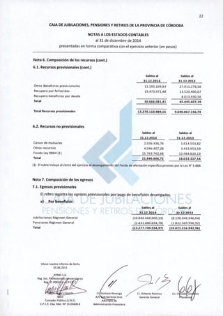 22
CAJA DE JUBILACIONES, PENSIONESY RETIROS DE LA PROVINCIA DE CÓRDOBA
NOTAS A lOS ESTADOS CONTABLES
al 31 de diciembre de 2014
presentadas en forma comparativa con el ejercicio anterior (en pesos)
Nota 6. Composición de los recursos (cont.)
6.1. Recursos previsionales (cont.)
Otros Beneficios previsionales
Recupero por fallecidos
Recupero beneficios por deuda
Total
Total Recursos previsionales
6,2, Recursos no previsionales
Cánon de rnutuales
Otros recursos
Fondo Ley9884 (1)
Total
Saldos al
31.12.2014
11.192.109,93
19.473.971,48
30.666.081,41
13.270.110.989,16
Saldos al
31.12.2014
2.036.436,76
4.046.407,28
15.763.762,68
21.846.606,72
Saldos al
31.12.2013
27.911.276,56
13.520.400,07
4.013.930,56
45.445.607,19
9.690.067.156,79
Saldos al
31.12.2013
1.614.553,82
3.433.953,59
12.984.820,13
18.033.327,54
(1) El rubro incluye al cierre del ejercicio el devenga miento del Fondo de afectación específica provisto por la ley W 9.884.
Nota 7. Composición de los egresos
7.1. Egresos previsionales
El rubro registra los egresos previsionales por pago de beneficios devengados.
al Por beneficios
Jubilaciones Régimen General
Pensiones Régimen General
Total
Saldos al
31.12.2014
(10.846.668.900,19)
(2.431.080.694,78)
(13.277 .749.594,97)
Saldos al
31.12.2013
(8.198.946.946,04)
(1.822.369.996,92)
(10.021.316.942,96)
véase nuestro informe de fecha
05.06.2015
'Li G
S cio
Contador Público (U.N.e)
C.P.C.E. ChaoMat. N2 10.05608.8
~.¿"!.:~GerenteGeneral ~dent~no
 