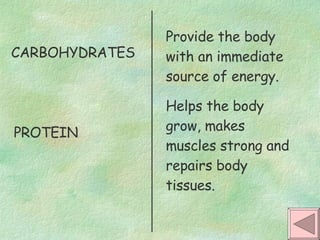 CARBOHYDRATES Provide the body with an immediate source of energy. PROTEIN Helps the body grow, makes muscles strong and repairs body tissues. 