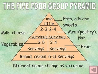 Nutrient needs change as you grow. THE FIVE FOOD GROUP PYRAMID Meat(poultry),  fish Fruit Fats, oils and  sweets Milk, cheese Vegetables Bread, cereal 6-11 servings 2-4 servings 3-5 servings 2-3 servings 2-4 servings use little 
