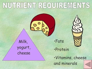 Milk,  yogurt, cheese NUTRIENT REQUIREMENTS Fats Protein Vitamins, cheese and minerals 