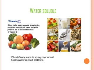 WATER SOLUBLE
Vit c defiency leads to scurvy,poor wound
healing,anemia,heart problems
 