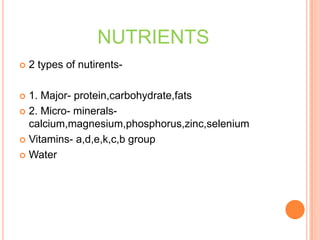 NUTRIENTS
 2 types of nutirents-
 1. Major- protein,carbohydrate,fats
 2. Micro- minerals-
calcium,magnesium,phosphorus,zinc,selenium
 Vitamins- a,d,e,k,c,b group
 Water
 