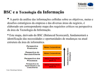 BSC e aBSC e a TecnologiaTecnologia da Informaçãoda Informação
 A partir da análise das informações colhidas sobre os objetivos, metas e
desafios estratégicos da empresa e das diversas áreas do negócio, é
elaborado um correspondente mapa dos requisitos críticos na perspectiva
da área da Tecnologia da Informação.
 Este mapa, derivado do BSC (Balanced Scorecard), fundamentará a
identificação das necessidades e oportunidades de mudanças na atual
estrutura da área de informática.
Fonte: Metodologia Optimais
 
