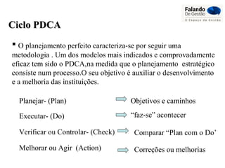 Ciclo PDCACiclo PDCA
 O planejamento perfeito caracteriza-se por seguir uma
metodologia . Um dos modelos mais indicados e comprovadamente
eficaz tem sido o PDCA,na medida que o planejamento estratégico
consiste num processo.O seu objetivo é auxiliar o desenvolvimento
e a melhoria das instituições.
Planejar- (Plan)
Executar- (Do)
Verificar ou Controlar- (Check)
Melhorar ou Agir (Action)
“faz-se” acontecer
Comparar “Plan com o Do’
Correções ou melhorias
Objetivos e caminhos
 