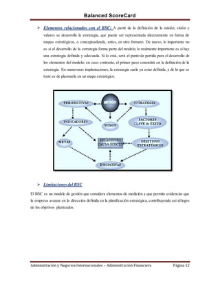 Balanced ScoreCard
Administración y Negocios Internacionales – Administración Financiera Página 12
 Elementos relacionados con el BSC: A partir de la definición de la misión, visión y
valores se desarrolla la estrategia, que puede ser representada directamente en forma de
mapas estratégicos, o conceptualizada, antes, en otro formato. De nuevo, lo importante no
es si el desarrollo de la estrategia forma parte del modelo; lo realmente importante es si hay
una estrategia definida y adecuada. Si lo está, será el punto de partida para el desarrollo de
los elementos del modelo; en caso contrario, el primer paso consistirá en la definición de la
estrategia. En numerosas implantaciones, la estrategia suele ya estar definida, y de lo que se
trate es de plasmarla en un mapa estratégico.
 Limitaciones del BSC
El BSC es un modelo de gestión que considera elementos de medición y que permite evidenciar que
la empresa avanza en la dirección definida en la planificación estratégica, contribuyendo así al logro
de los objetivos planteados.
 