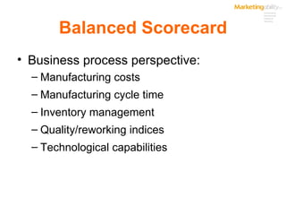 Balanced Scorecard Business process perspective: Manufacturing costs Manufacturing cycle time Inventory management Quality/reworking indices Technological capabilities 