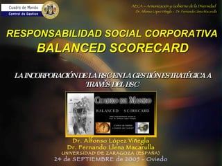 LA INCORPORACIÓN DE LA RSC EN LA GESTIÓN ESTRATÉGICA A TRAVÉS DEL BSC   Dr. Alfonso López Viñegla Dr. Fernando Llena Macarulla UNIVERSIDAD DE ZARAGOZA (ESPAÑA) 24 de SEPTIEMBRE de 2005 - Oviedo RESPONSABILIDAD SOCIAL CORPORATIVA BALANCED SCORECARD 