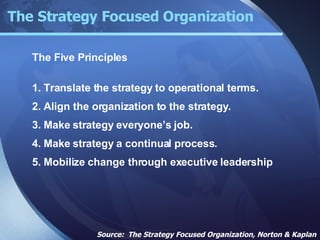 The Five Principles 1.   Translate the strategy to operational terms. 2. Align the organization to the strategy. 3. Make strategy everyone’s job. 4. Make strategy a continual process. 5. Mobilize change through executive leadership Source:  The Strategy Focused Organization, Norton & Kaplan The Strategy Focused Organization 