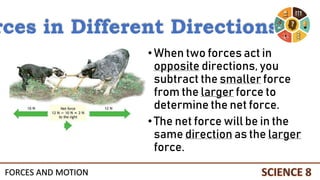 •When two forces act in
opposite directions, you
subtract the smaller force
from the larger force to
determine the net force.
•The net force will be in the
same direction as the larger
force.
rces in Different Directions
FORCES AND MOTION
 
