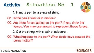 FORCES AND MOTION
1. Hang a pen by a piece of string.
Q3. What happens to the pen? What could have caused the
pen’s motion?
Q1. Is the pen at rest or in motion?
2. Cut the string with a pair of scissors.
Q2. Are there forces acting on the pen? If yes, draw the
forces. You may use arrows to represent these forces.
 