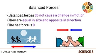•Balanced forces do not cause a change in motion
•They are equal in size and opposite in direction
•The net force is 0
Balanced Forces
FORCES AND MOTION
 