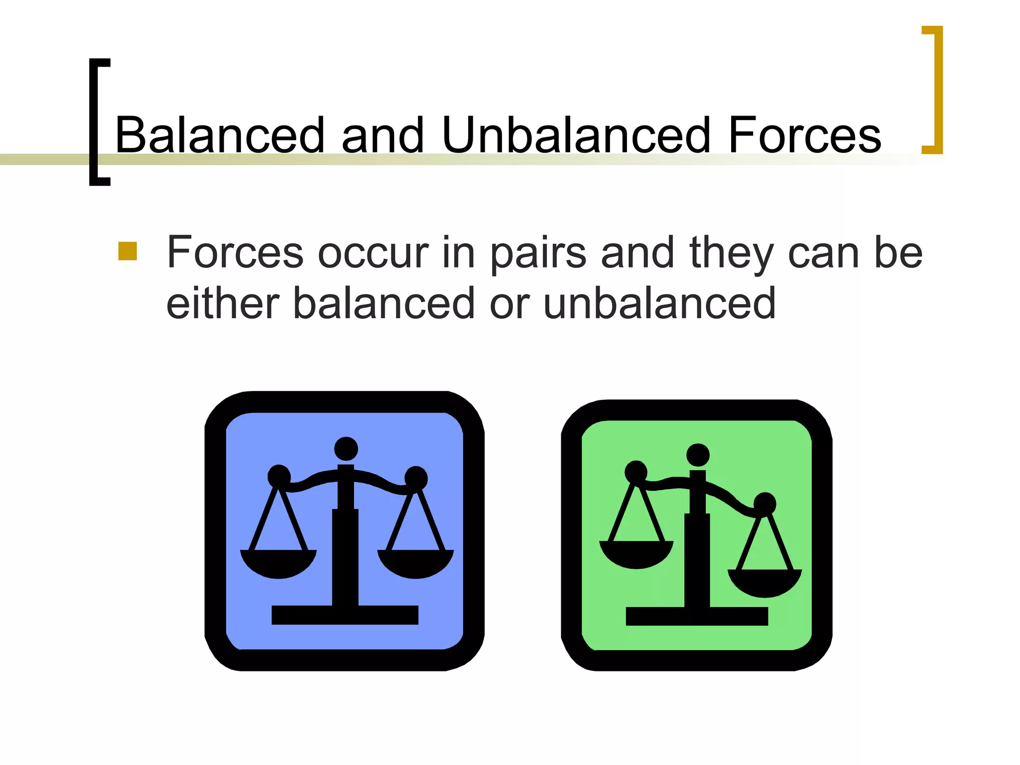 Balanced and Unbalanced Forces Forces occur in pairs and they can be either balanced or unbalanced