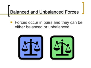 Balanced and Unbalanced Forces Forces occur in pairs and they can be either balanced or unbalanced  