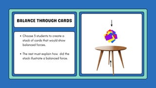 BALANCE THROUGH CARDS
Choose 3 students to create a
stack of cards that would show
balanced forces.
The rest must explain how did the
stack illustrate a balanced force.
 