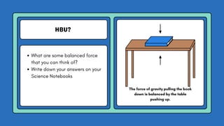 HBU?
What are some balanced force
that you can think of?
Write down your answers on your
Science Notebooks
The force of gravity pulling the book
down is balanced by the table
pushing up.
 