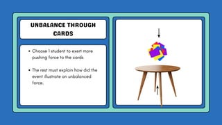 UNBALANCE THROUGH
CARDS
Choose 1 student to exert more
pushing force to the cards
The rest must explain how did the
event illustrate an unbalanced
force.
 