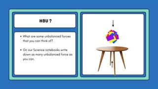 HBU ?
What are some unbalanced forces
that you can think of?
On our Science notebooks write
down as many unbalanced force as
you can.
 