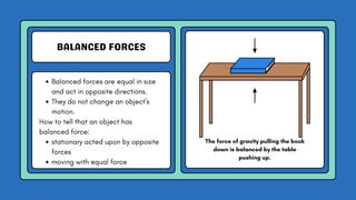 BALANCED FORCES
Balanced forces are equal in size
and act in opposite directions.
They do not change an object's
motion.
How to tell that an object has
balanced force:
stationary acted upon by opposite
forces
moving with equal force
The force of gravity pulling the book
down is balanced by the table
pushing up.
 