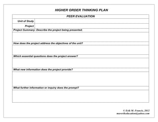 HIGHER ORDER THINKING PLAN
                                          PEER EVALUATION
   Unit of Study

         Project
Pr...