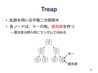 Treap
• 乱数を用いる平衡二分探索木
• 各ノードは，キーの他，優先度を持つ
 – 優先度は挿入時にランダムで決める




                      キー


                      優先度
                            22
 