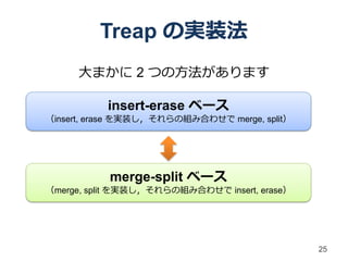 Treap の実装法
     大まかに 2 つの方法があります

           insert-erase ベース
（insert, erase を実装し，それらの組み合わせで merge, split）




           merge-split ベース
（merge, split を実装し，それらの組み合わせで insert, erase）




                                               25
 
