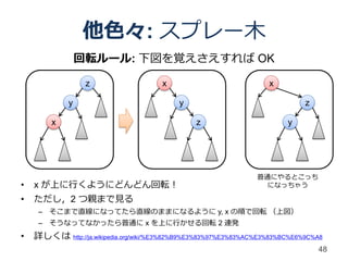 他色々: スプレー木
                 回転ルール: 下図を覚えさえすれば OK

                  z                    x                            x

             y                             y                                  z

        x                                       z                        y




                                                                 普通にやるとこっち
•   x が上に行くようにどんどん回転！                                              になっちゃう

•   ただし，2 つ親まで見る
     – そこまで直線になってたら直線のままになるように y, x の順で回転 （上図）
     – そうなってなかったら普通に x を上に行かせる回転 2 連発
•   詳しくは http://ja.wikipedia.org/wiki/%E3%82%B9%E3%83%97%E3%83%AC%E3%83%BC%E6%9C%A8
                                                                                  48
 