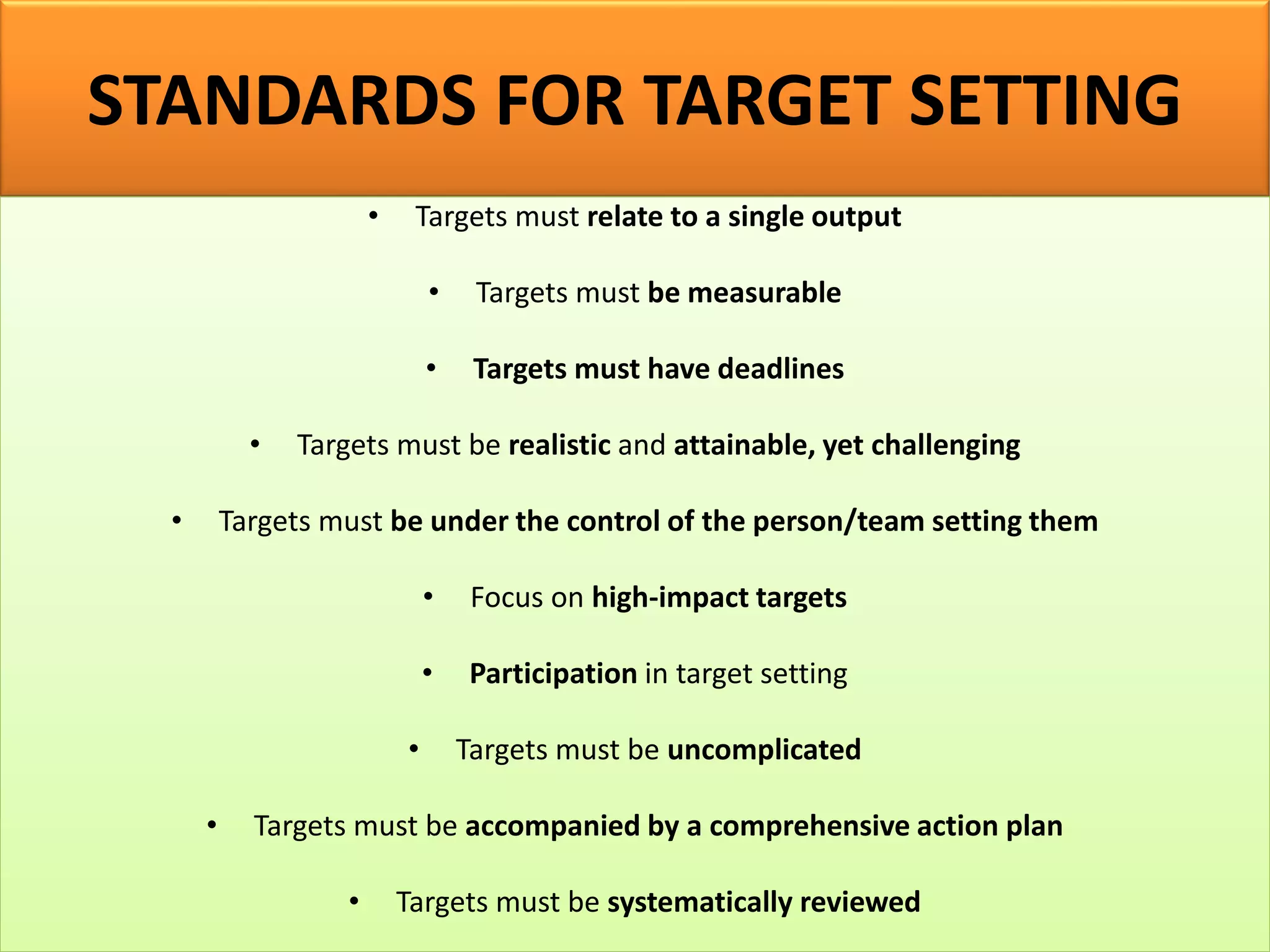 STANDARDS FOR TARGET SETTING
• Targets must relate to a single output
• Targets must be measurable
• Targets must have deadlines
• Targets must be realistic and attainable, yet challenging
• Targets must be under the control of the person/team setting them
• Focus on high-impact targets
• Participation in target setting
• Targets must be uncomplicated
• Targets must be accompanied by a comprehensive action plan
• Targets must be systematically reviewed
 