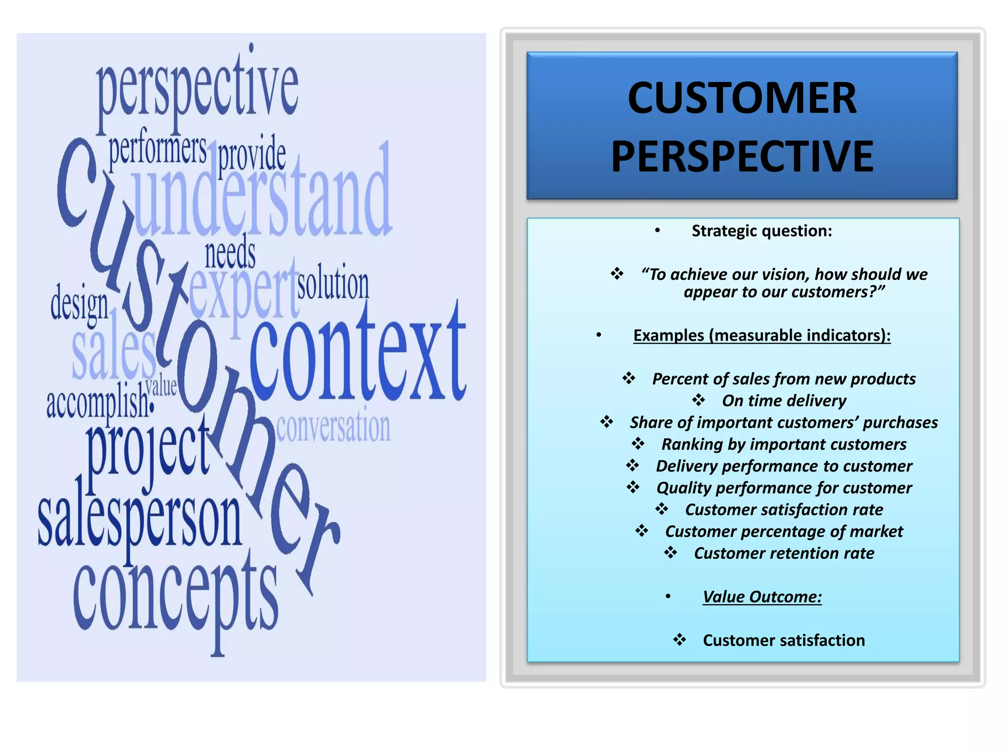 CUSTOMER
PERSPECTIVE
• Strategic question:
❖ “To achieve our vision, how should we
appear to our customers?”
• Examples (measurable indicators):
❖ Percent of sales from new products
❖ On time delivery
❖ Share of important customers’ purchases
❖ Ranking by important customers
❖ Delivery performance to customer
❖ Quality performance for customer
❖ Customer satisfaction rate
❖ Customer percentage of market
❖ Customer retention rate
• Value Outcome:
❖ Customer satisfaction
 