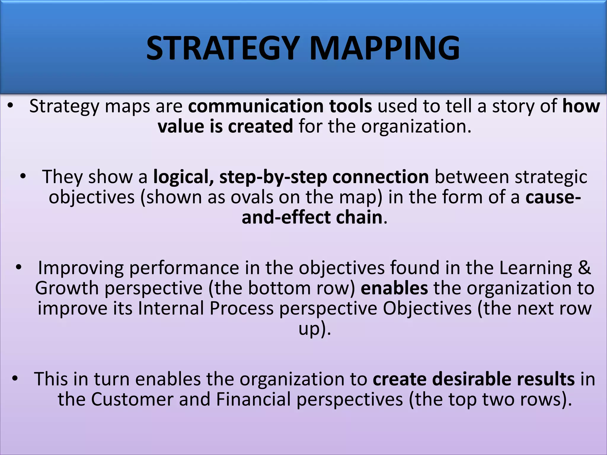 • Strategy maps are communication tools used to tell a story of how
value is created for the organization.
• They show a logical, step-by-step connection between strategic
objectives (shown as ovals on the map) in the form of a cause-
and-effect chain.
• Improving performance in the objectives found in the Learning &
Growth perspective (the bottom row) enables the organization to
improve its Internal Process perspective Objectives (the next row
up).
• This in turn enables the organization to create desirable results in
the Customer and Financial perspectives (the top two rows).
STRATEGY MAPPING
 