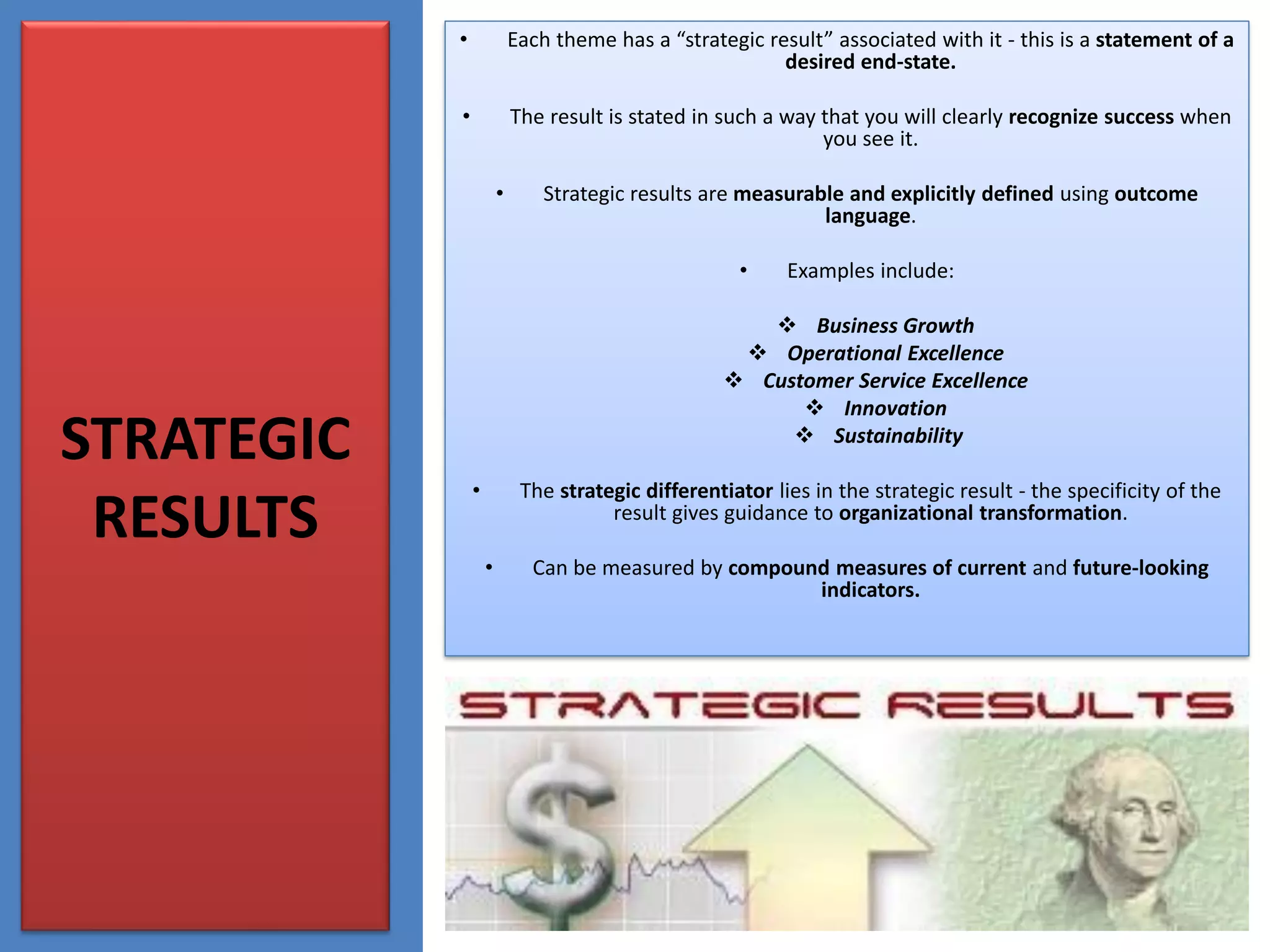 STRATEGIC
RESULTS
• Each theme has a “strategic result” associated with it - this is a statement of a
desired end-state.
• The result is stated in such a way that you will clearly recognize success when
you see it.
• Strategic results are measurable and explicitly defined using outcome
language.
• Examples include:
❖ Business Growth
❖ Operational Excellence
❖ Customer Service Excellence
❖ Innovation
❖ Sustainability
• The strategic differentiator lies in the strategic result - the specificity of the
result gives guidance to organizational transformation.
• Can be measured by compound measures of current and future-looking
indicators.
 