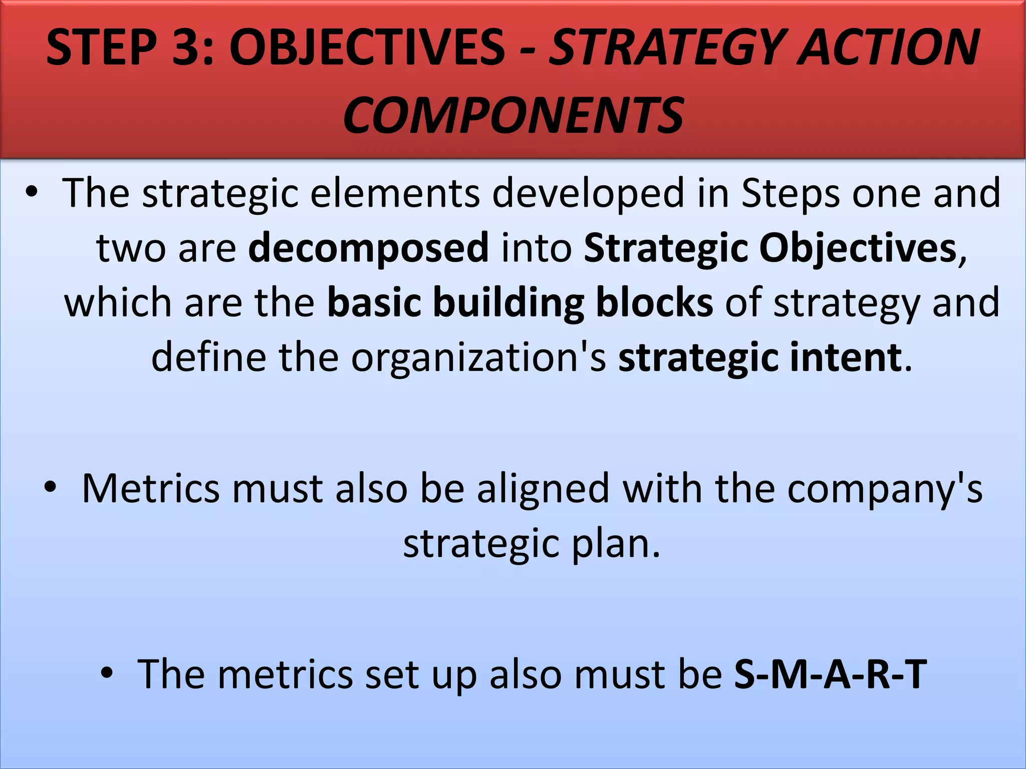 • The strategic elements developed in Steps one and
two are decomposed into Strategic Objectives,
which are the basic building blocks of strategy and
define the organization's strategic intent.
• Metrics must also be aligned with the company's
strategic plan.
• The metrics set up also must be S-M-A-R-T
STEP 3: OBJECTIVES - STRATEGY ACTION
COMPONENTS
 