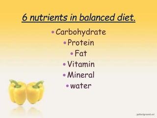  Carbohydrate
 Protein
 Fat
 Vitamin
 Mineral
 water
12
 