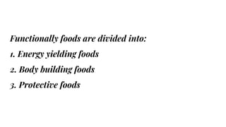 Functionally foods are divided into:
1. Energy yielding foods
2. Body building foods
3. Protective foods
 