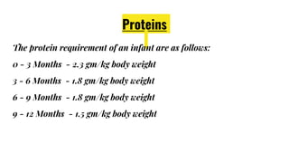 Proteins
The protein requirement of an infant are as follows:
0 - 3 Months - 2.3 gm/kg body weight
3 - 6 Months - 1.8 gm/kg body weight
6 - 9 Months - 1.8 gm/kg body weight
9 - 12 Months - 1.5 gm/kg body weight
 