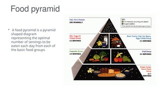 Food pyramid
• A food pyramid is a pyramid
shaped diagram
representing the optimal
number of servings to be
eaten each day from each of
the basic food groups
 