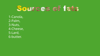 1-Canola,
2-Palm,
3-Nuts,
4-Cheese,
5-Lard,
6-butter.
 