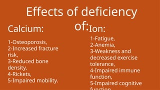 Effects of deficiency
of:
Calcium:
1-Osteoporosis,
2-Increased fracture
risk,
3-Reduced bone
density,
4-Rickets,
5-Impaired mobility.
Ion:
1-Fatigue,
2-Anemia,
3-Weakness and
decreased exercise
tolerance,
4-Impaired immune
function,
5-Impaired cognitive
 