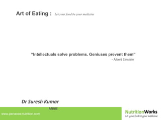 www.panacea-nutrition.com
“Intellectuals solve problems. Geniuses prevent them”
- Albert Einstein
Dr Suresh Kumar
MBBS
Art of Eating : Let your food be your medicine
 