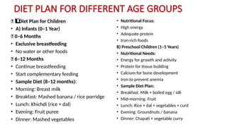 DIET PLAN FOR DIFFERENT AGE GROUPS
👶 Diet Plan for Children
1️
1️
⃣
• A) Infants (0–1 Year)
🔹 0–6 Months
• Exclusive breastfeeding
• No water or other foods
🔹 6–12 Months
• Continue breastfeeding
• Start complementary feeding
• Sample Diet (8–12 months):
• Morning: Breast milk
• Breakfast: Mashed banana / rice porridge
• Lunch: Khichdi (rice + dal)
• Evening: Fruit puree
• Dinner: Mashed vegetables
• Nutritional Focus:
• High energy
• Adequate protein
• Iron-rich foods
B) Preschool Children (1–5 Years)
• Nutritional Needs:
• Energy for growth and activity
• Protein for tissue building
• Calcium for bone development
• Iron to prevent anemia
• Sample Diet Plan:
• Breakfast: Milk + boiled egg / idli
• Mid-morning: Fruit
• Lunch: Rice + dal + vegetables + curd
• Evening: Groundnuts / banana
• Dinner: Chapati + vegetable curry
 