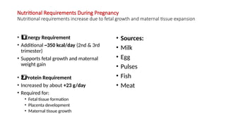 Nutritional Requirements During Pregnancy
Nutritional requirements increase due to fetal growth and maternal tissue expansion
• Energy Requirement
1️
1️
⃣
• Additional ~350 kcal/day (2nd & 3rd
trimester)
• Supports fetal growth and maternal
weight gain
• Protein Requirement
2️
⃣
• Increased by about +23 g/day
• Required for:
• Fetal tissue formation
• Placenta development
• Maternal tissue growth
• Sources:
• Milk
• Egg
• Pulses
• Fish
• Meat
 