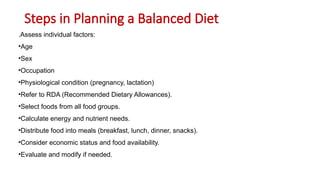 Steps in Planning a Balanced Diet
.Assess individual factors:
•Age
•Sex
•Occupation
•Physiological condition (pregnancy, lactation)
•Refer to RDA (Recommended Dietary Allowances).
•Select foods from all food groups.
•Calculate energy and nutrient needs.
•Distribute food into meals (breakfast, lunch, dinner, snacks).
•Consider economic status and food availability.
•Evaluate and modify if needed.
 