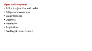 Signs and Symptoms
• Pallor (conjunctiva, nail beds)
• Fatigue and weakness
• Breathlessness
• Dizziness
• Headache
• Palpitations
• Swelling (in severe cases)
 