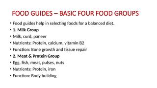 FOOD GUIDES – BASIC FOUR FOOD GROUPS
• Food guides help in selecting foods for a balanced diet.
• 1. Milk Group
• Milk, curd, paneer
• Nutrients: Protein, calcium, vitamin B2
• Function: Bone growth and tissue repair
• 2. Meat & Protein Group
• Egg, fish, meat, pulses, nuts
• Nutrients: Protein, iron
• Function: Body building
 