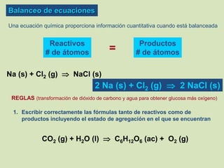 Balanceo de ecuaciones
Una ecuación química proporciona información cuantitativa cuando está balanceada

Reactivos
# de átomos

=

Productos
# de átomos

Na (s) + Cl2 (g)  NaCl (s)

2 Na (s) + Cl2 (g)  2 NaCl (s)
REGLAS (transformación de dióxido de carbono y agua para obtener glucosa más oxígeno)
1. Escribir correctamente las fórmulas tanto de reactivos como de
productos incluyendo el estado de agregación en el que se encuentran

CO2 (g) + H2O (l)  C6H12O6 (ac) + O2 (g)

 
