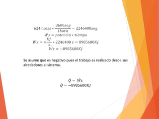 624 horas ∗ 
3600푠푒푔 
1ℎ표푟푎 
= 2246400푠푒푔 
푊 푠 = 푝표푡푒푛푐푖푎 ∗ 푡푖푒푚푝표 
푊 푠 = 4 
퐾퐽 
푠 
∗ 2246400 푠 = 8985600퐾퐽 
푊 푠 = −8985600퐾퐽 
Se asume que es negativo pues el trabajo es realizado desde sus 
alrededores al sistema. 
푄 = 푊 푠 
푄 = −8985600퐾퐽 
 
