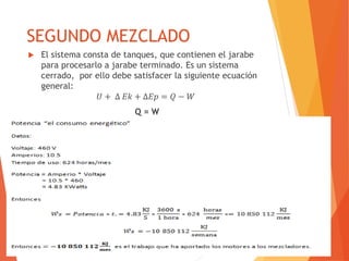 SEGUNDO MEZCLADO 
 El sistema consta de tanques, que contienen el jarabe 
para procesarlo a jarabe terminado. Es un sistema 
cerrado, por ello debe satisfacer la siguiente ecuación 
general: 
푈 + Δ 퐸푘 + Δ퐸푝 = 푄 − 푊 
Q = W 
 