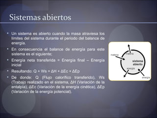Sistemas abiertos
 Un  sistema  es  abierto  cuando  la  masa  atraviesa  los 
  límites del sistema durante el periodo del balance de 
  energía.
 En  consecuencia  el  balance  de  energía  para  este 
  sistema es el siguiente; 
 Energía  neta  transferida  =  Energía  final  –  Energía 
  inicial 
 Resultando: Q + Ws = ΔH + ΔEc + ΔEp 
 De  donde:  Q  (Flujo  calorífico  transferido),  Ws 
  (Trabajo realizado en el sistema, ΔH (Variación de la 
  entalpía), ΔEc (Variación de la energía cinética), ΔEp 
  (Variación de la energía potencial).
 